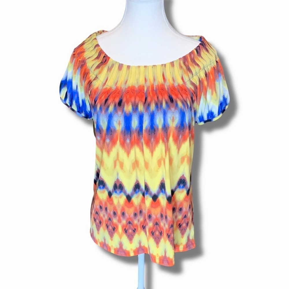 Chevron Short Sleeve Blouse Bright Orange Blue Small Style & Co